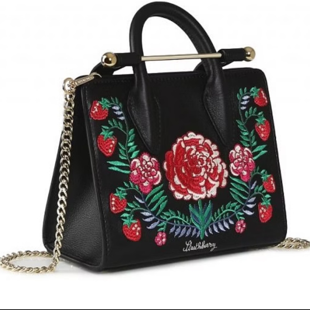 The Strathberry Nano Tote - Black Floral Embroidery